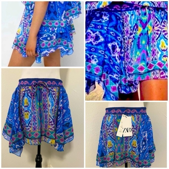ZARA Boho Small Mini Skirt Blue Multi Asymmetrical Aztec Print Layered NWT - Picture 1 of 10